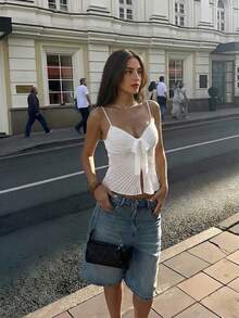 Aloruh Camiseta de tirantes finos con cuello en V y lazo romántica para una cita de boda para mujeres - Blanco - Ver 1