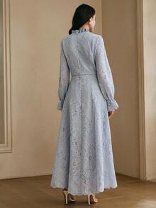 Anewsta Women's Elegant Water-Soluble Embroidered Patchwork Cinched Waist Long Sleeve Blue Dress, Spring Valentine's Day Outfit - Blue - View 3