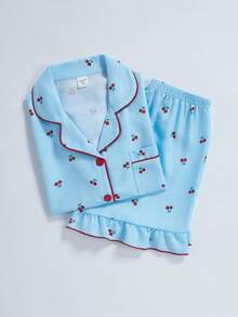 Genkimix Kids Summer Clothes  Tween Girls Pajamas Set, Comfortable & Fashionable Cherry Print Ruffle Trim Elegant Short Sleeve Shorts 2 Pieces Sleepwear - Baby Blue - View 7
