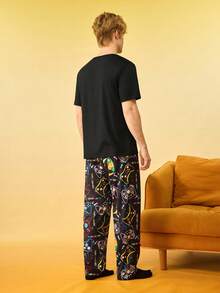 男士印花圆领短袖上衣和裤子睡衣套装 - 黑色 - 查看 2