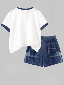 Emery Rose Kids Emery Rose Kids Bộ 2 món/Bộ đồ liền thân cổ tròn tay ngắn phối ren thêu nơ trang trí cho bé gái tuổi teen, trang phục mùa hè thoải mái - Nhiều màu - Xem 2