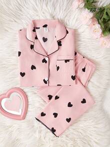 适合青春期女孩的学校女孩睡衣杏色可爱樱桃印花长裤和长袖休闲两件套睡衣套装 - 粉色 - 查看 7