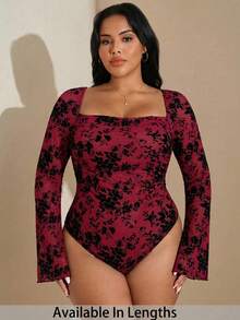 SHEIN Tall CURVE Plus Size Women's Burgundy Floral Flocking Square Collar Trumpet Long Sleeve Bodysuit,Elegant Summer Night Out Club Prom Holiday Date Wear - Red - View 1