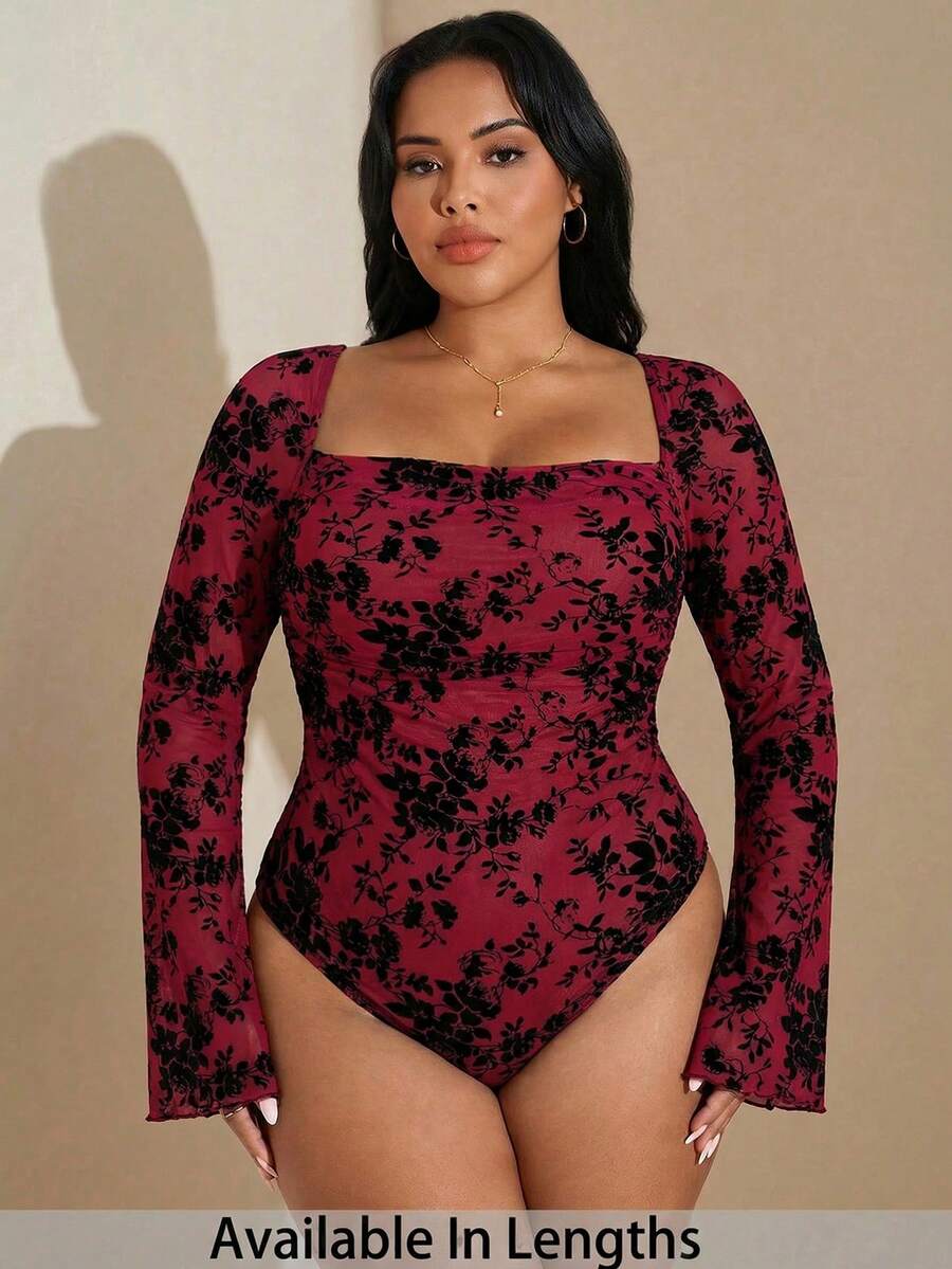 SHEIN Tall CURVE Plus Size Women's Burgundy Floral Flocking Square Collar Trumpet Long Sleeve Bodysuit,Elegant Summer Night Out Club Prom Holiday Date Wear - Red - View 1