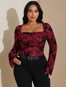 SHEIN Tall CURVE Plus Size Women's Burgundy Floral Flocking Square Collar Trumpet Long Sleeve Bodysuit,Elegant Summer Night Out Club Prom Holiday Date Wear - Red - View 6