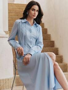 Vestido maxi azul claro de mujer con diseño hueco de cuerda de cuello de camisa de unicolor elegante y de línea A de Anewsta, nuevo y de moda - Azul - Ver 7