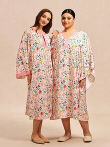 LUVLETTE Đầm kimono hoa hồng cỡ lớn dành cho nữ - Đồ ngủ bằng satin nhẹ với tay áo rộng và thắt eo, thích hợp cho mùa xuân hè, váy ngủ mùa hè cho nữ. - Hồng - Xem 7