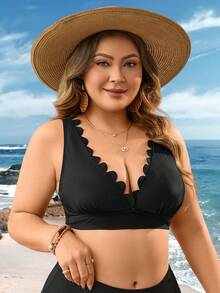 Swim Lushoire Plus Size Women Deep V-Neck Petal Soft Solid Color Bikini Top - Black - View 3