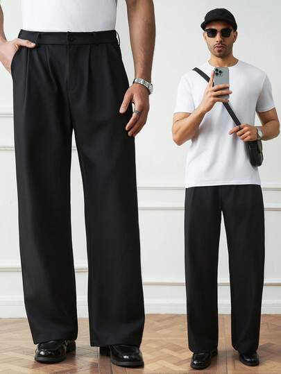 HUEFORM Men's Solid Color Straight Fit Pleated Wide Leg Loose Casual Pants,Wrinkle-Resistant Fabrics Quickly Regain Their Smoothness After Wearing Or Washing, Reducing The Need For Manual Ironing. Summer Breathable Slacks For Men