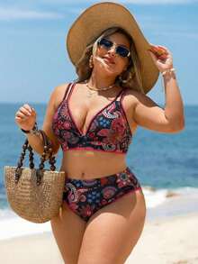 Swim Lushoire Plus Size Women Cashew Floral Print Bikini Set - Hot Pink - View 5