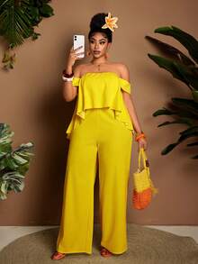 Maweii Plus Size Women's Casual Bohemian Style Vacation Solid Color Off-Shoulder Loose Wide Leg Jumpsuit, Spring/Summer - Yellow - View 3