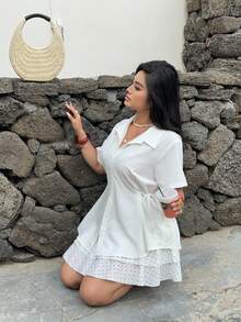 Sunnyshic 大码女式新款白色纯色时尚浪漫度假可爱短袖系带宽松上衣，适合日常外出、返校季、度假、办公室日常穿着，春夏季节皆宜。 - 白色 - 查看 6
