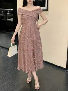 DAZY Women's Glamorous Elegant Party Sequin Off-Shoulder Cinched Waist Dress - White - View 7