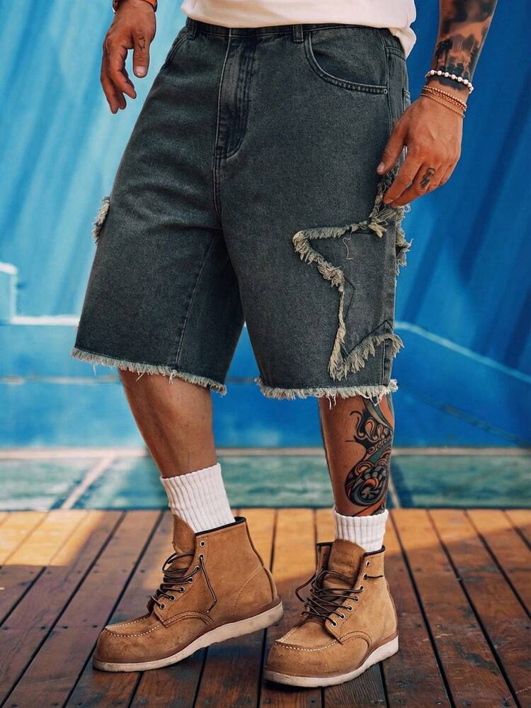 Summer Vintage Washed Five-Pointed Star Patchwork Casual Denim Shorts For Men