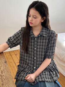 DAZY Tween Girls Plaid Collar Short Sleeve Shirt, Fall - Black and White - View 3