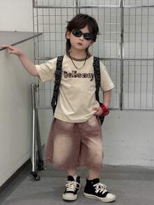 DAZY Young Boy Letter Print Casual Round Neck Short Sleeve T-Shirt - Khaki - View 3