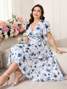 Reflora Plus Size Floral Print Side Tie Flare Sleeve White Summer Elegant Bachelorette Party Tea Party Dress,Wedding Guest Dress For Women,Luxury Evening - Blue and White - View 1