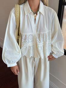 DAZY Áo nữ tay phồng cổ bẻ ngắn dáng casual mùa hè, chất liệu vải dệt họa tiết thêu. - trắng - Xem 3