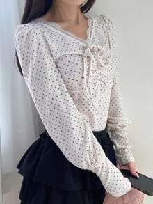 FRIFUL Women's Casual Dot Print Ruched Bust Twist Lantern Sleeve Contrast Lace Fitted T-Shirt, Suitable For Spring, Summer And Autumn, Commuting And Vacation - White - View 5