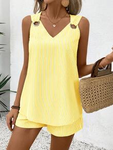 EMERY ROSE V-Neck Sleeveless Casual Striped 2 Pieces Set For Women - Yellow - View 3