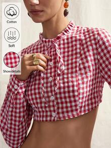 SHEIN ICON Áo sơ mi nữ tay dài dáng ngắn kẻ caro thắt nơ phía trước, kiểu dáng thời trang. - Đỏ - Xem 5