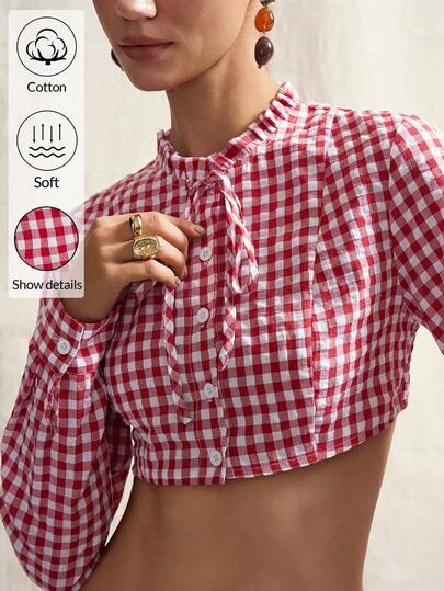 SHEIN ICON Áo sơ mi nữ tay dài dáng ngắn kẻ caro thắt nơ phía trước, kiểu dáng thời trang.