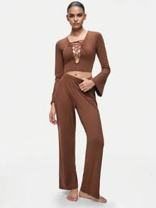 SHAPORA Women's Spring/Autumn V-Neck Flare Sleeve Cropped Top And Long Pants Pajama Set - Coffee Brown - View 1