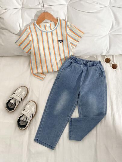 Playful Pals 两件套男童圆领条纹华夫格短袖T恤+弹力腰水洗蓝直筒牛仔裤，休闲复古街头时尚套装，适合夏季各种场合