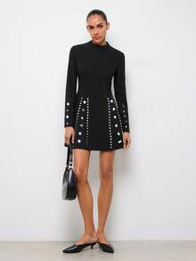 Maija Vestido mini de cuello alto de manga corta - Negro - Ver 4