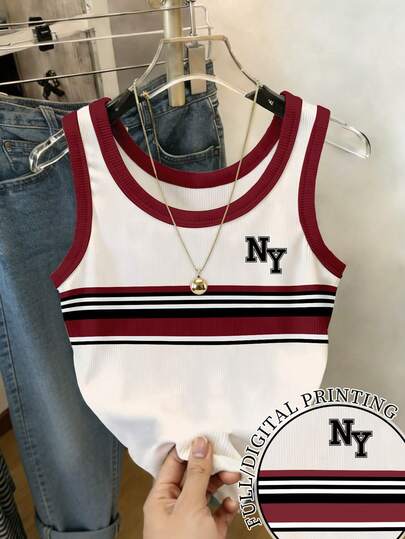 INAWLY Women's Round Neck Letter Print Color Block Casual Versatile Daily Wear Top