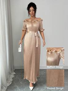 Modelyn Đầm ngắn tay màu sâm panh, trễ vai, xếp ly, kiểu dáng thanh lịch - Rượu sâm banh - Xem 7