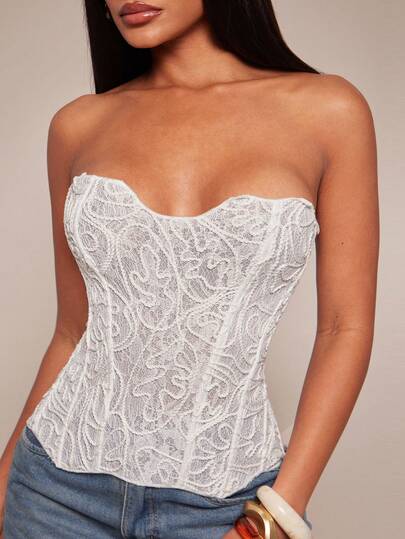 Radiana Women's Sexy Elegant Unique White Lace Embroidered Bustier, Fitted Bandeau Top