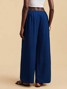 Travachic 女士纯色高腰褶皱阔腿宽松休闲裤 - 藏蓝色 - 查看 2
