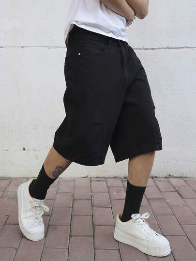 Manfinity EMRG Quần short denim ống rộng màu đen dáng rộng thoải mái dành cho nam, thích hợp mặc mùa hè.