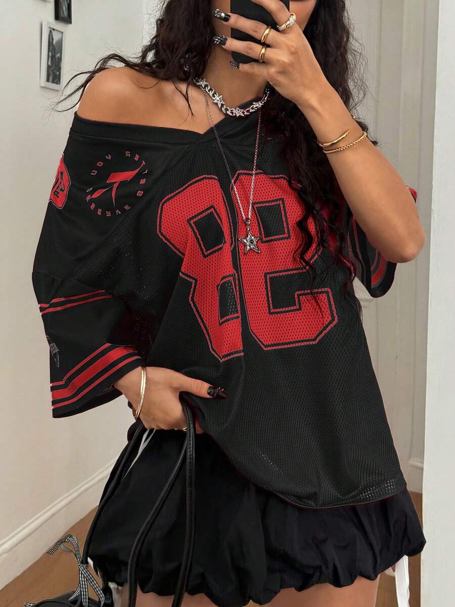 Coolane 女士春夏节日外出街头风复古透气网眼数字图案棒球衫红色球衣 - 黑色 - 查看 1