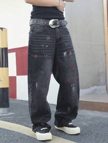 Manfinity EMRG Men's Black Distressed Denim Wide Leg Jeans, Casual Street Style - Black - View 6
