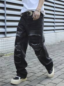 Manfinity EMRG Men's Black Distressed Patch Loose Wide Leg Jeans, Streetwear - Black - View 9