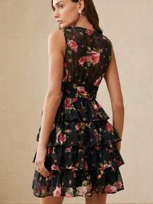 BELROSIE Black And Pink Background Rose Flower Layered Jacquard Silhouette V-Neck Sleeveless Elegant Dress Garden Party Summer - Multicolor - View 5