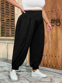 SHEIN CURVE+ Curve 尺码 US22 音乐节、海滨度假、波西米亚风女士高腰宽松抽绳慢跑裤，舒适女裤 - 黑色 - 查看 6