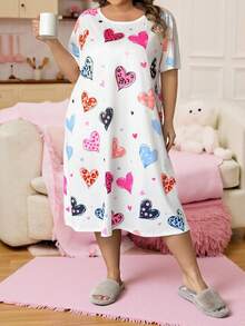 SHEIN CURVE+ Curve Plus Red Heart-Shaped Printed Long Dress, Valentine's Day - Multicolor - View 5
