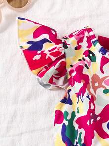 SHEIN Explorewe 女童优雅印花圆领喇叭袖露背蝴蝶结装饰腰部荷叶边下摆休闲时尚连衣裙，适合度假旅行，夏季穿着 - 玫紅色 - 查看 4