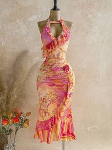 Soleia 全新 3D 花卉图案针织荷叶边下摆长裙 - 彩色 - 查看 4