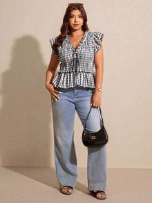 Elaquor 大码夏季休闲格子系带荷叶边下摆衬衫 - 黑與白 - 查看 3