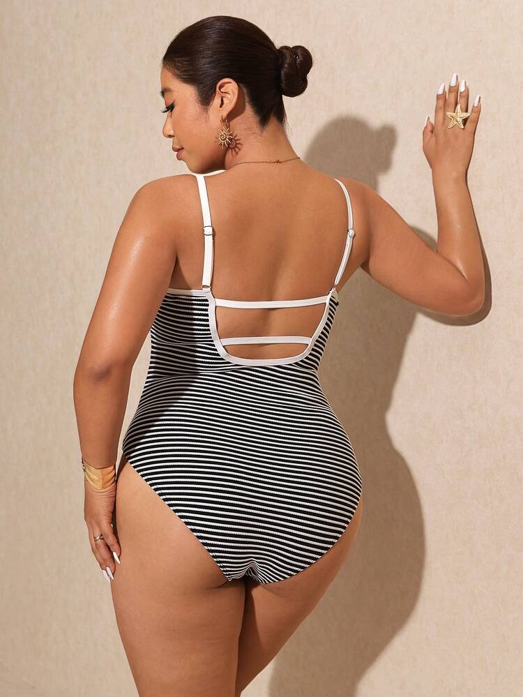 Elaquor 大码条纹吊带连体泳衣 - 黑與白 - 查看 2