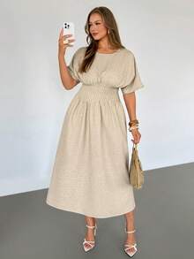 Auralis Plus Size Women's Solid Color Round Neck Batwing Sleeve Cinched Waist Casual Dress, Summer Dresses - Apricot - View 7