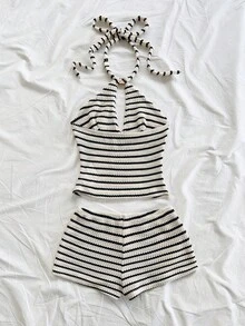 Soleia 女士夏季度假条纹吊带上衣和短裤两件套 - 黑與白 - 查看 2