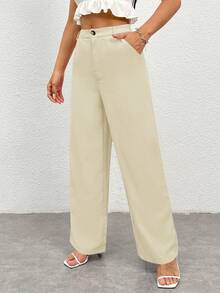 SHEIN PETITE CURVE Quần dài nữ cỡ lớn, màu trơn, kiểu dáng đơn giản, thường ngày, phong cách thường nhật. - Màu be - Xem 3