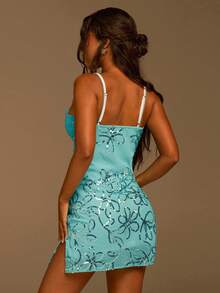 Athîral Women's Light Blue Floral Chiffon Mini Dress 2-Piece Set,Pearl Embroidered Tight Fitting Summer Dress,Y2K Party Night Beach Vacation Outfits - Green - View 2