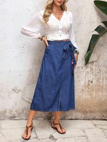 Selianne Women's Casual Commuter Denim Side Tie Skirt - Blue - View 4
