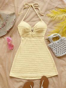 Soleia Gaun Mini A-Line Bertekstur Tanpa Punggung dengan Dekorasi Bintang Laut dan Logam, Warna Kuning Pucat, Gaya Boho Musim Panas, Liburan Pantai, Kencan, Minum Teh Sore, Festival Musik - Kuning - View 4